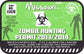 Green zombie hunting permit sticker with biohazard symbol and hunters silhouettes.
