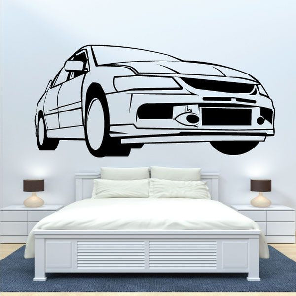 Car decal sticker featuring a Mitsubishi Lancer front in black and white line art