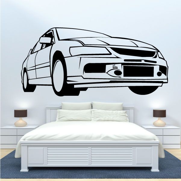 Car decal sticker featuring a Mitsubishi Lancer front in black and white line art