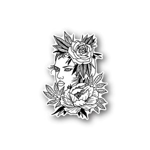 Flower girl vinyl sticker with rose, peony, and leaf line art
