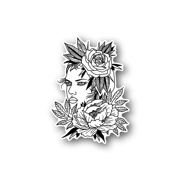 Flower girl vinyl sticker with rose, peony, and leaf line art