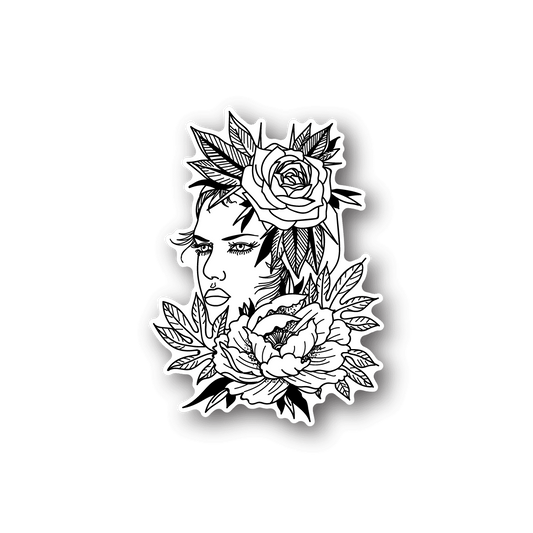 Flower girl vinyl sticker with rose, peony, and leaf line art