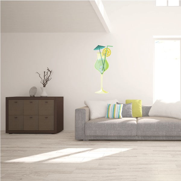 Teal mixed drink glass wall sticker with yellow accents and straw