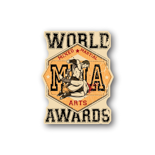 Vinyl sticker with MMA World Awards logo, octagon badge and wrestlers, beige and orange