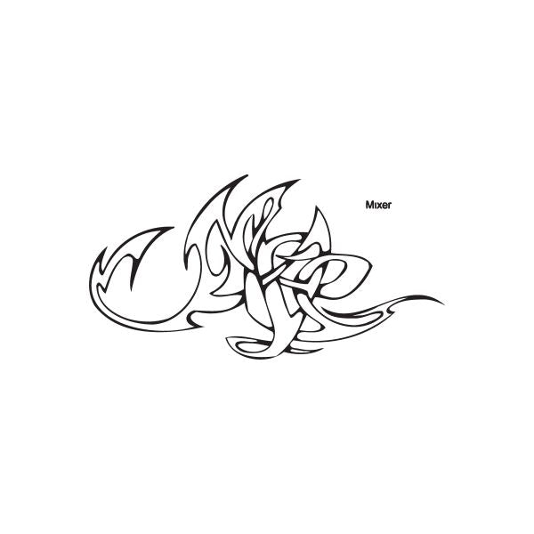 Graffiti-style decal with black and white abstract lettering, includes the word Mixer