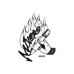 Graffiti-style mixer decal with flames and spray can, black and white