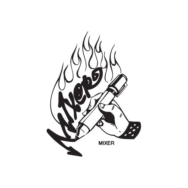 Graffiti-style mixer decal with flames and spray can, black and white