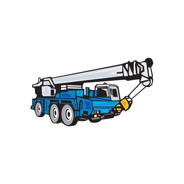 Blue mobile crane truck sticker with raised boom and winch