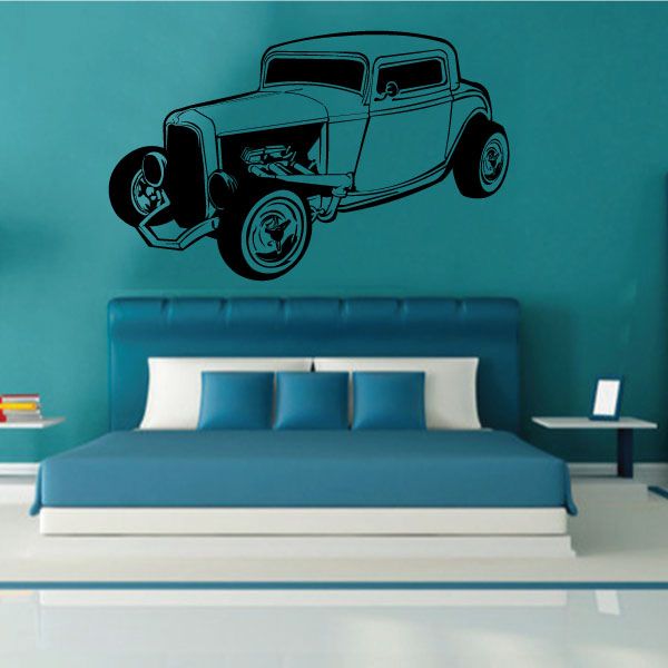 Hot rod car wall decal with black and teal classic vehicle graphic
