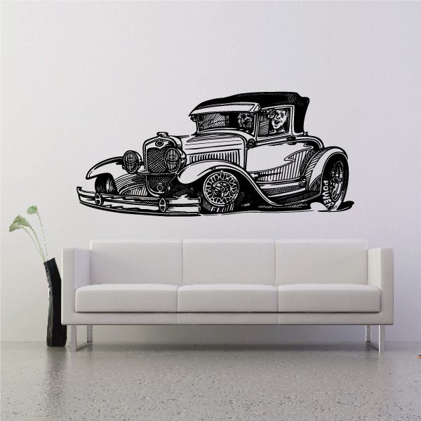 Vintage car wall decal, black line-art design