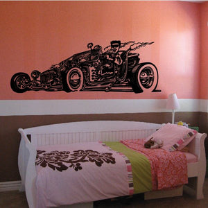 Vinyl wall decal of a black vintage car with driver and lightning accents