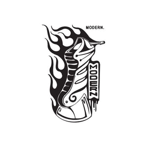 Graffiti-style wall decal with black flame and sneaker outline, modern typography accents
