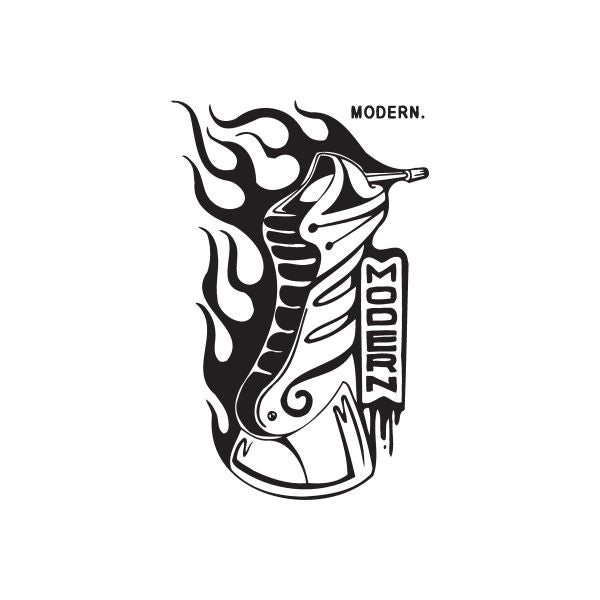 Graffiti-style wall decal with black flame and sneaker outline, modern typography accents