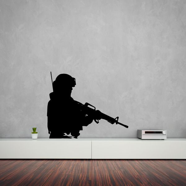 Black soldier silhouette wall decal holding a rifle