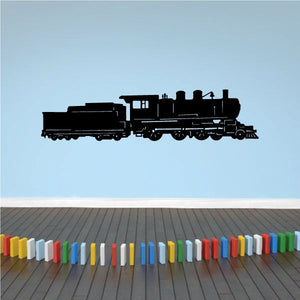 Black steam train and coal car decal, side view