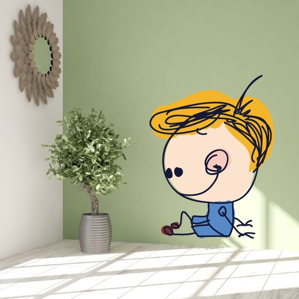Cartoon kissing sticker of a boy with blue shirt and scribble yellow outline