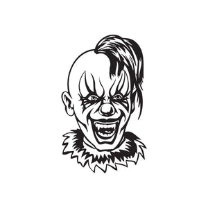 Clown head decal with black-and-white creepy face illustration