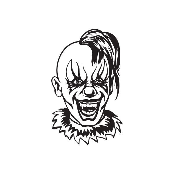 Clown head decal with black-and-white creepy face illustration