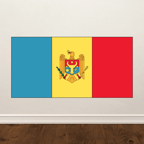 Moldova flag sticker, rectangular tricolor with yellow coat of arms center panel.