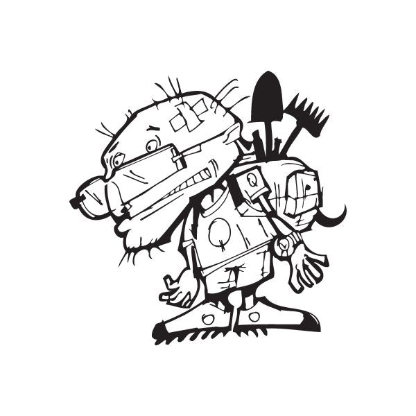 Graffiti decal of cartoon character with tools and wrench in black ink outline
