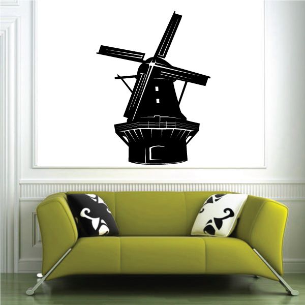 Black windmill wall decal with base and cross-shaped sails