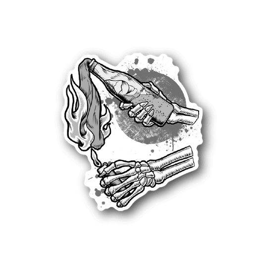 Skeleton hands vinyl sticker with bottle graphic, white outline and gray details