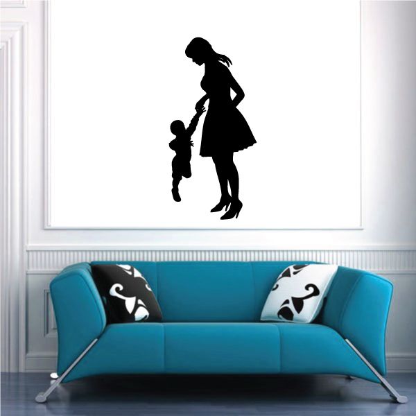 Mom and son holding hands wall decal, black silhouette figures