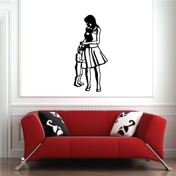 Mother and son decal with black silhouette of a woman and child holding hands