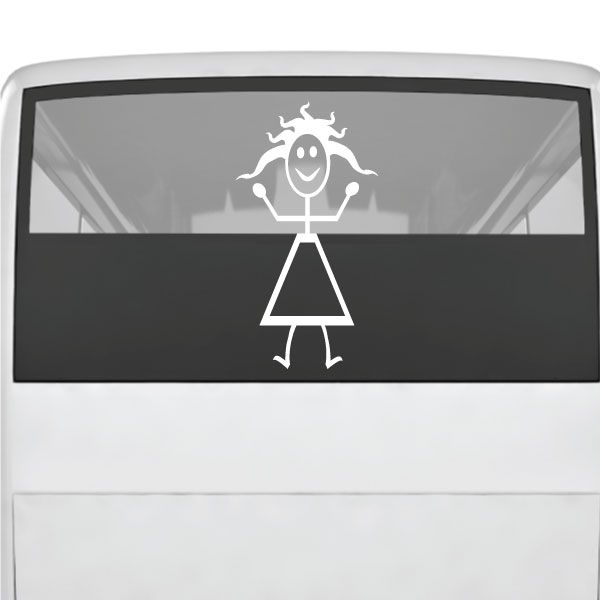 Vinyl decal of smiling stick-figure woman with arms up on dark rectangular surface