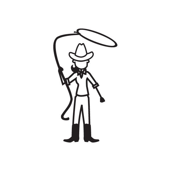 Cowgirl decal of a mom wearing a hat, holding a lasso rope and boots