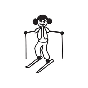 Mom in Skis decal featuring a cartoon mom skiing with poles, black line art