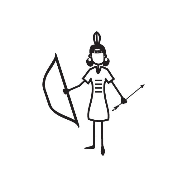 Indian mom decal, black outline figure holding a bow and feather