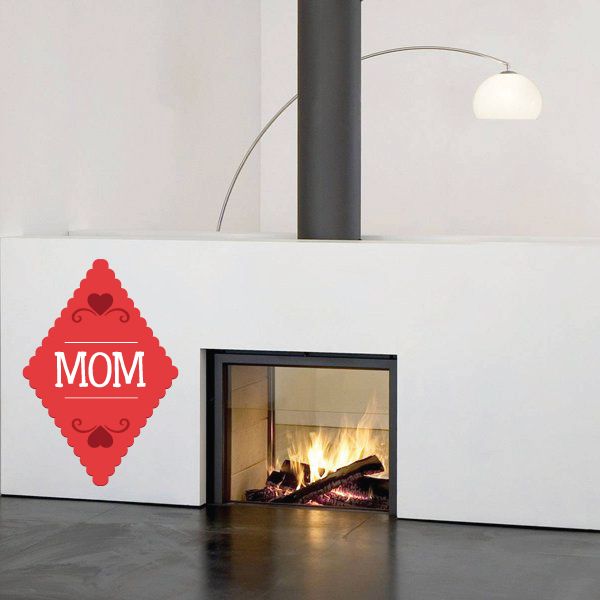 Red diamond "MOM" decorative sticker with heart-shaped accents