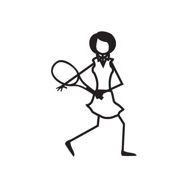 Tennis-playing mom wall decal silhouette with tennis racket, black outline
