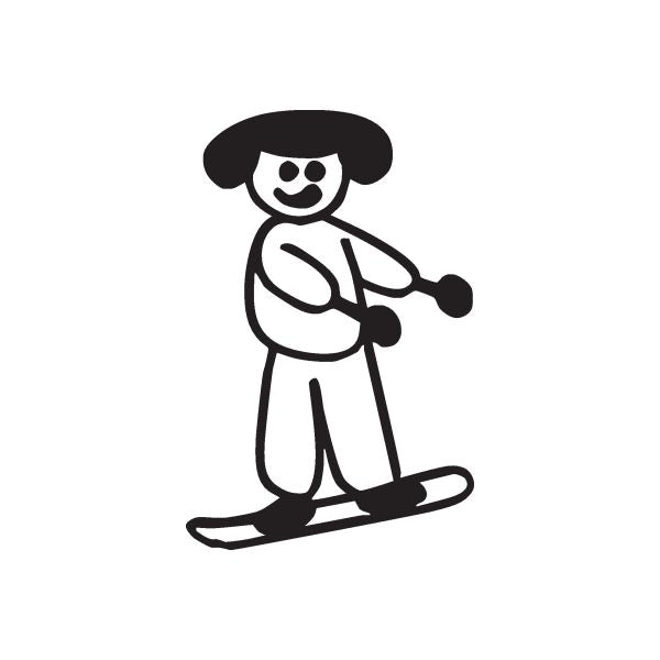 Snowboarding decal of a mom with helmet, riding a snowboard in simple line art