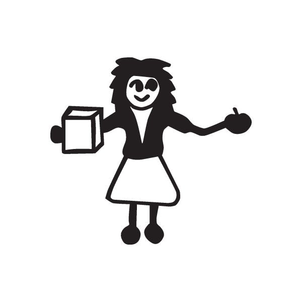Teacher mom decal: black cartoon woman holding a gift box with raised hand