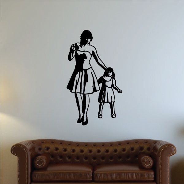 Mother and daughter walk silhouette vinyl wall decal, black