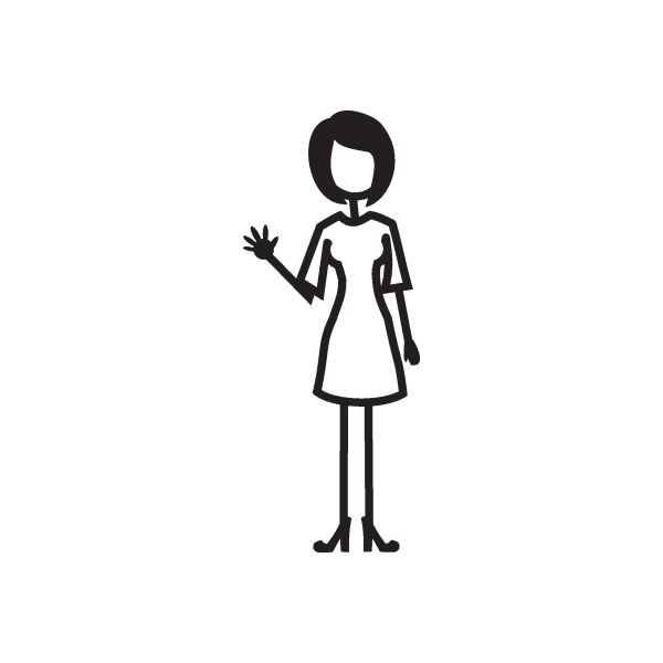 Mom decal of woman in dress with right arm waving, black outline