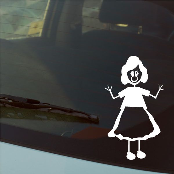 White mom wavy-hair wall decal with smiling face, arms up, skirt and dangling legs.