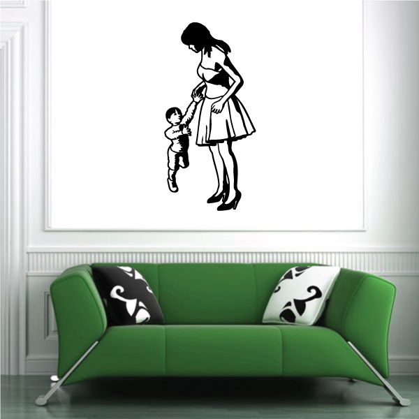 Vinyl wall decal of mother and child silhouette, dark and white design