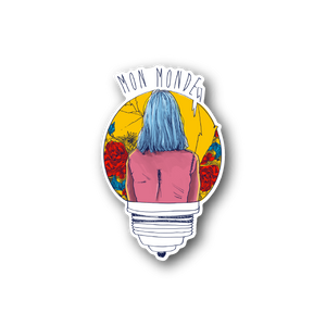 Mon Monde Lightbulk vinyl sticker: lightbulb illustration with blue hair and pink figure