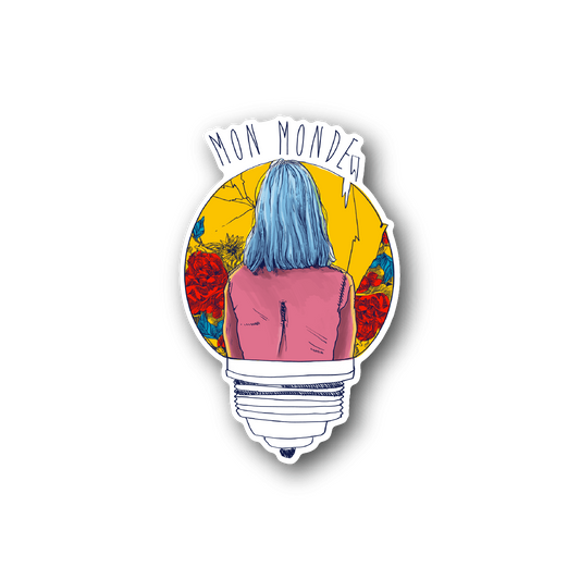 Mon Monde Lightbulk vinyl sticker: lightbulb illustration with blue hair and pink figure