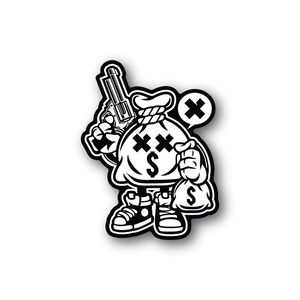 Money bank robber vinyl sticker, cartoon character holding money bag and cash