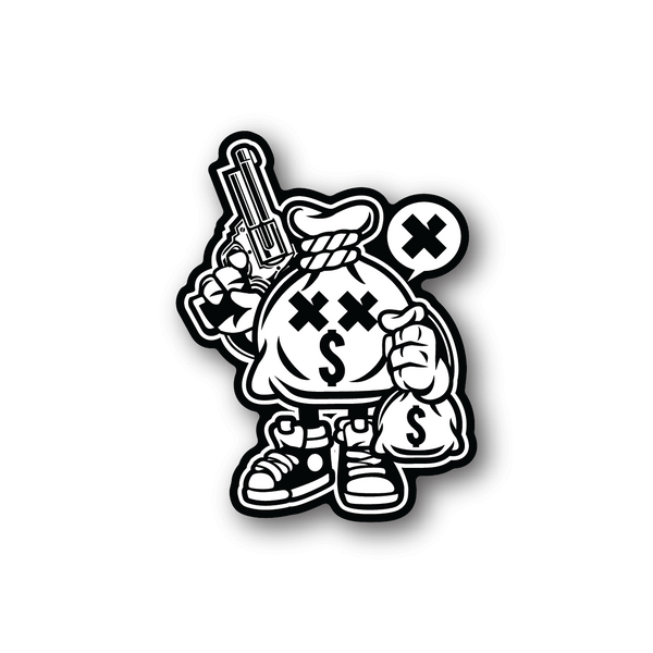 Money bank robber vinyl sticker, cartoon character holding money bag and cash