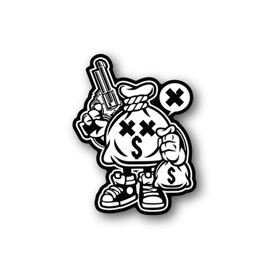 Money bank robber vinyl sticker, cartoon character holding money bag and cash