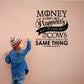 Cow-themed wall decal with money, happiness, and cows quote in dark lettering