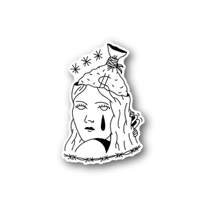 Vinyl sticker with white line art of a woman holding her head and stars