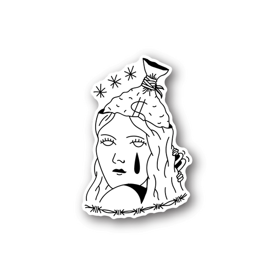 Vinyl sticker with white line art of a woman holding her head and stars