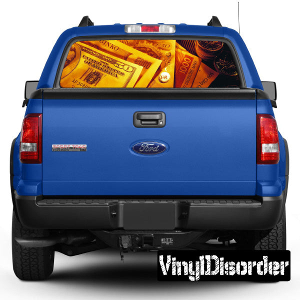 Blue pickup truck rear view with money graphic in rear window