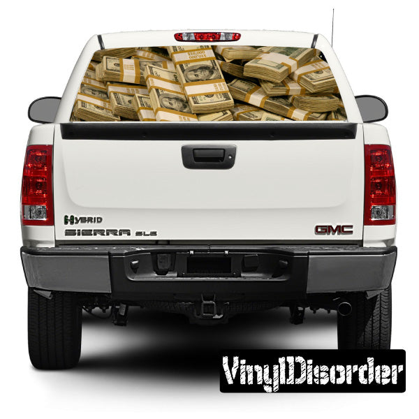 Money rear window view graphic with stacked bills decal for truck rear window